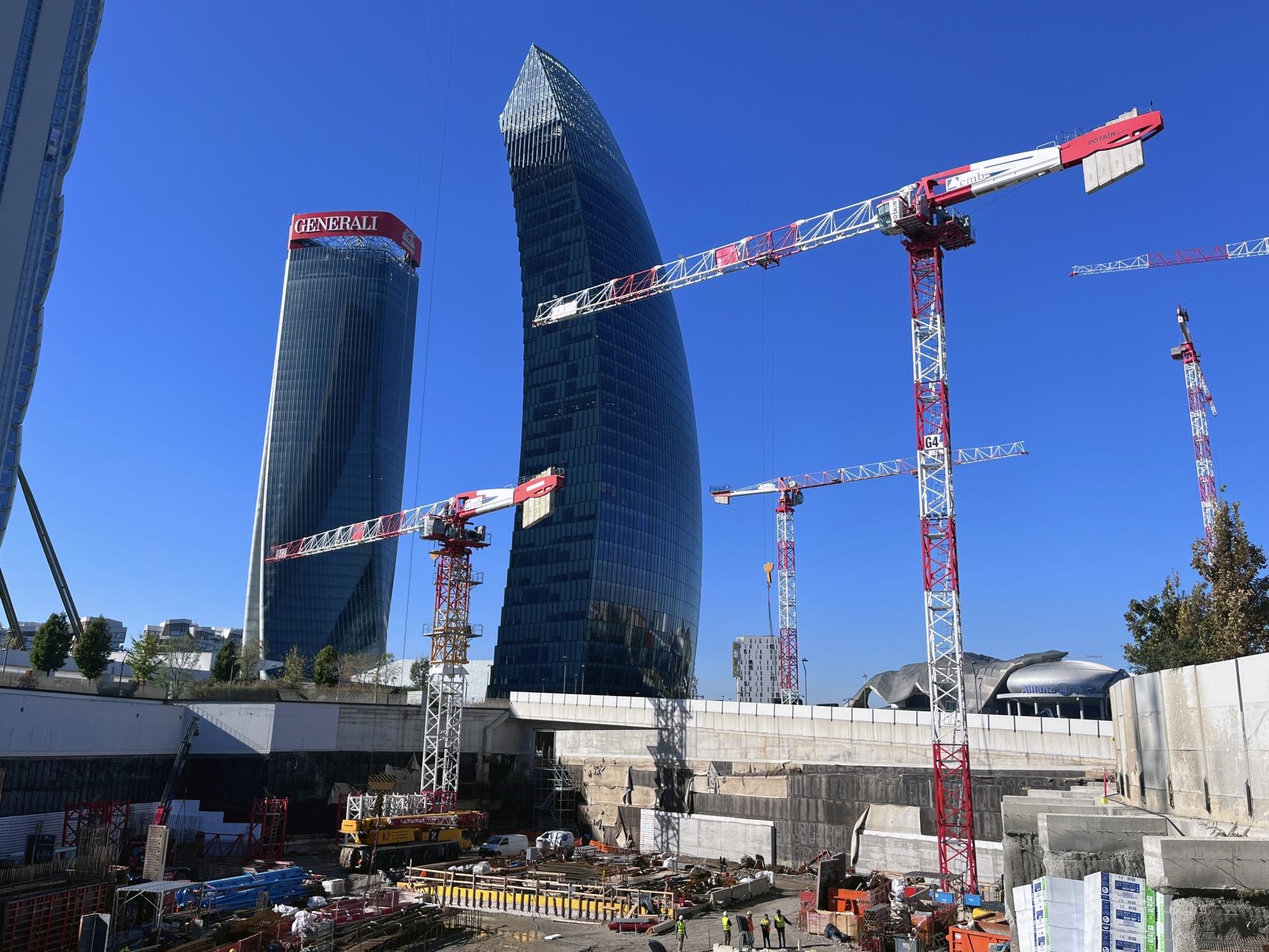 Madrid financial district skyline with cranes